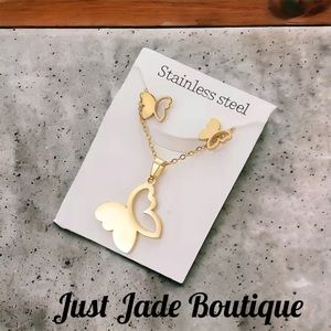 14K GOLD OVER STAINLESS BUTTERFLY NECKLACE AND EARRING SET